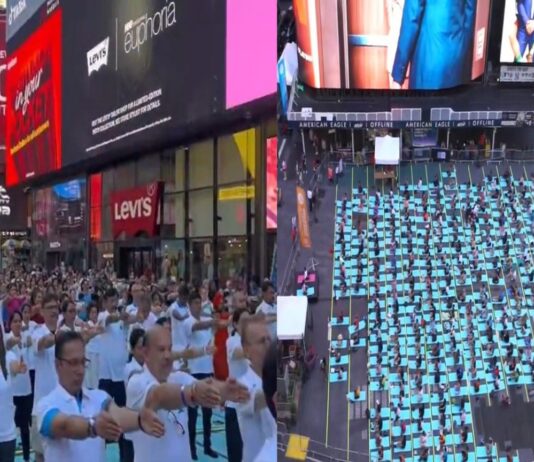 International Yoga Day dawns on Times Square with people reflecting universality with all nations and ethnicities